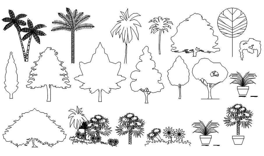 2D blocks of trees in AutoCAD drawing, dwg file, CAD file