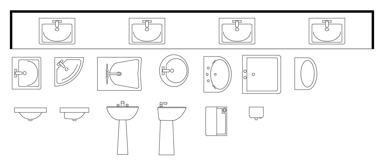 2D blocks of washbasin in AutoCAD drawing, dwg file, CAD file