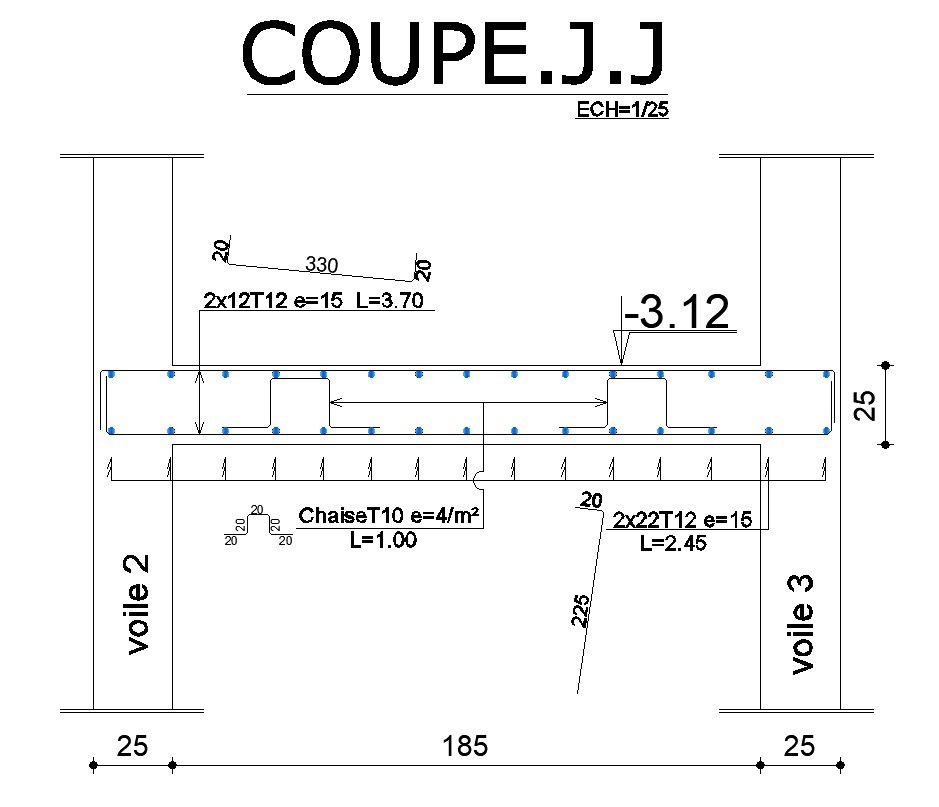 2D design of Cross section of structure with reinforcement details in AutoCAD drawing, CAD file, dwg file