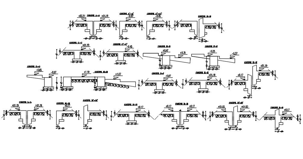 2D design of Foundation footing component layout plan design and all section coffrage structure in AutoCAD, CAD file, dwg file