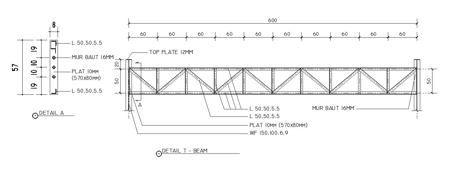2D design of T-beam in detail AutoCAD drawing, CAD file, dwg file