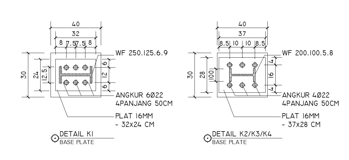 2D design of base plate details in AutoCAD drawing, CAD file, dwg file