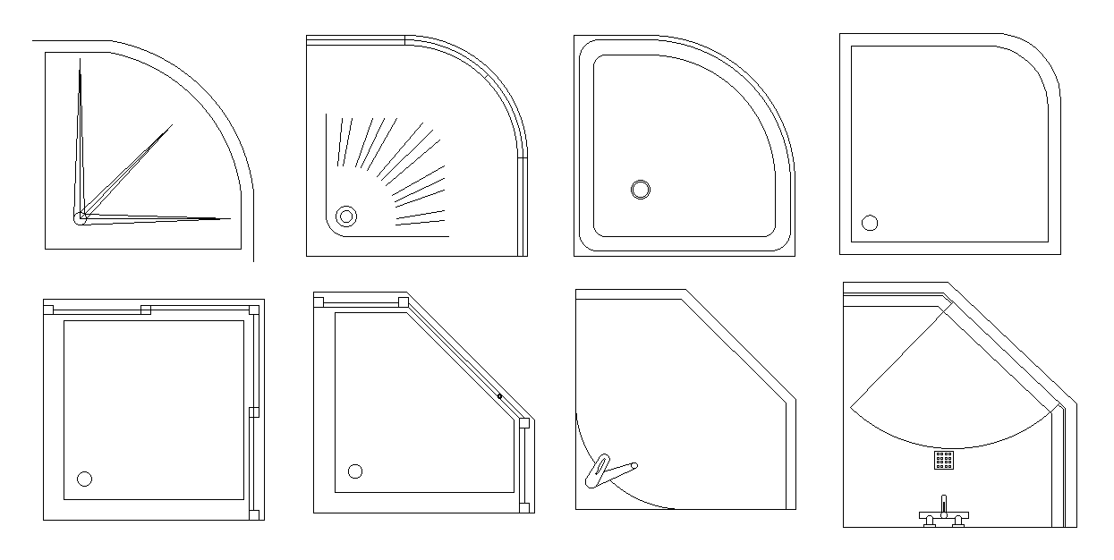 2D design of bath shower is given in this AutoCAD model. In this, 8 type’s showers are given. Download now.
