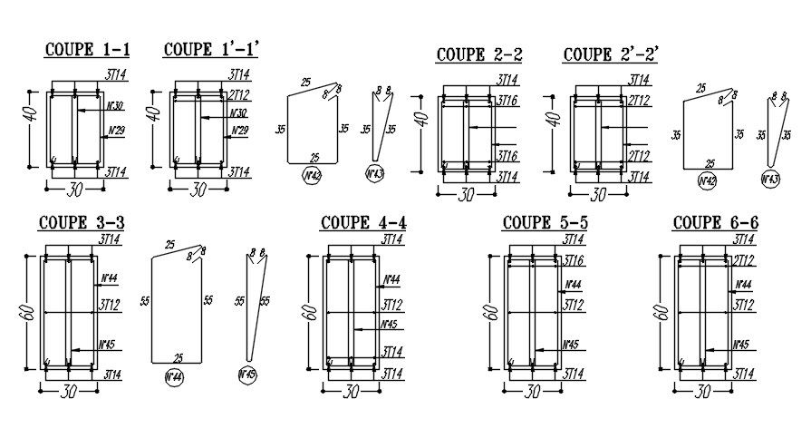 2D AutoCAD Beam Design Showing Cross Section and Reinforcement Layout