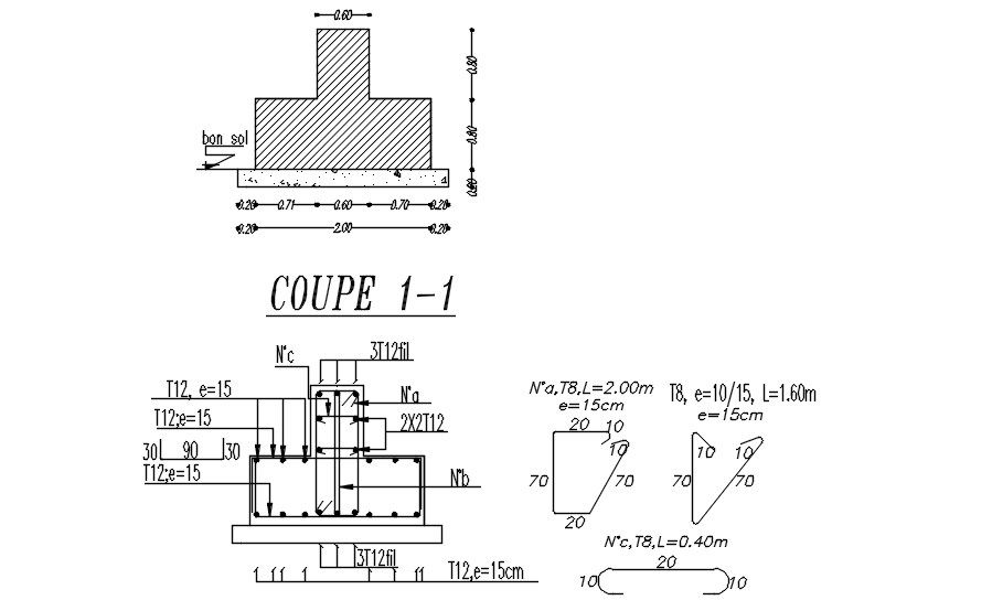 2D design of cross section of footing with reinforcement details in AutoCAD drawing, CAD file