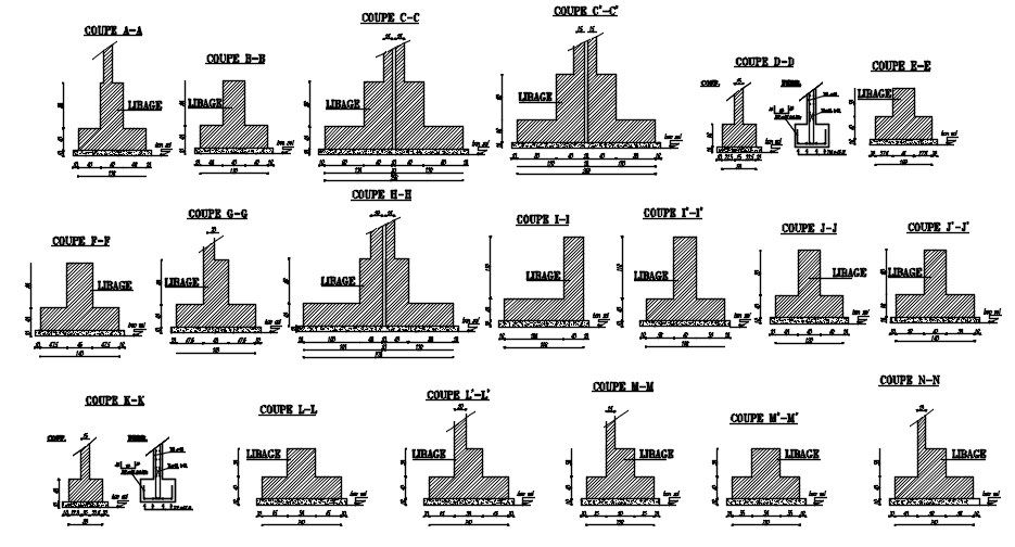 2D design of different footings in AutoCAD drawing, CAD file, dwg file