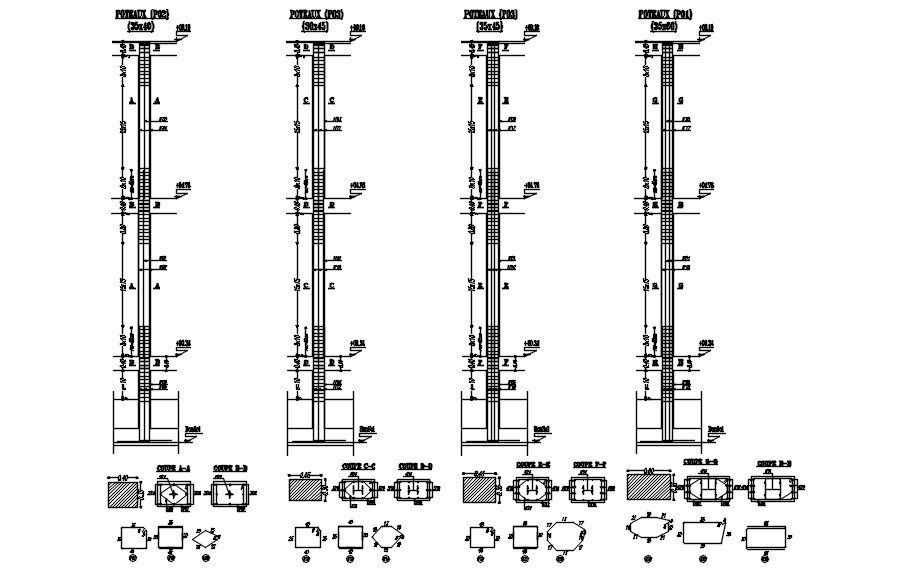 2D design of different sections of column with reinforcement details in AutoCAD drawing, CAD file, dwg file