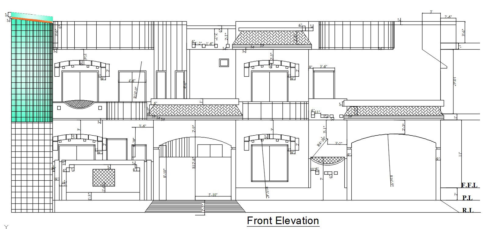 Front elevation of house in AutoCAD 2D façade design