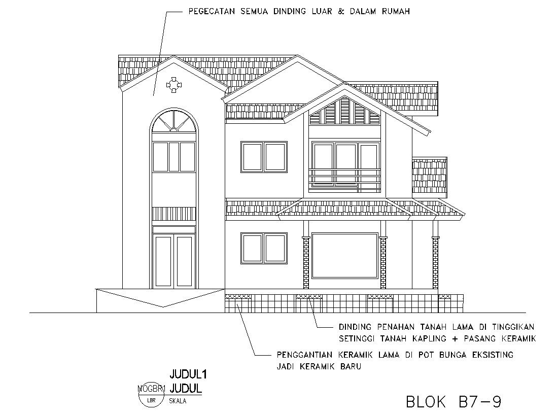 Detailed AutoCAD Drawing of Front View House Layout