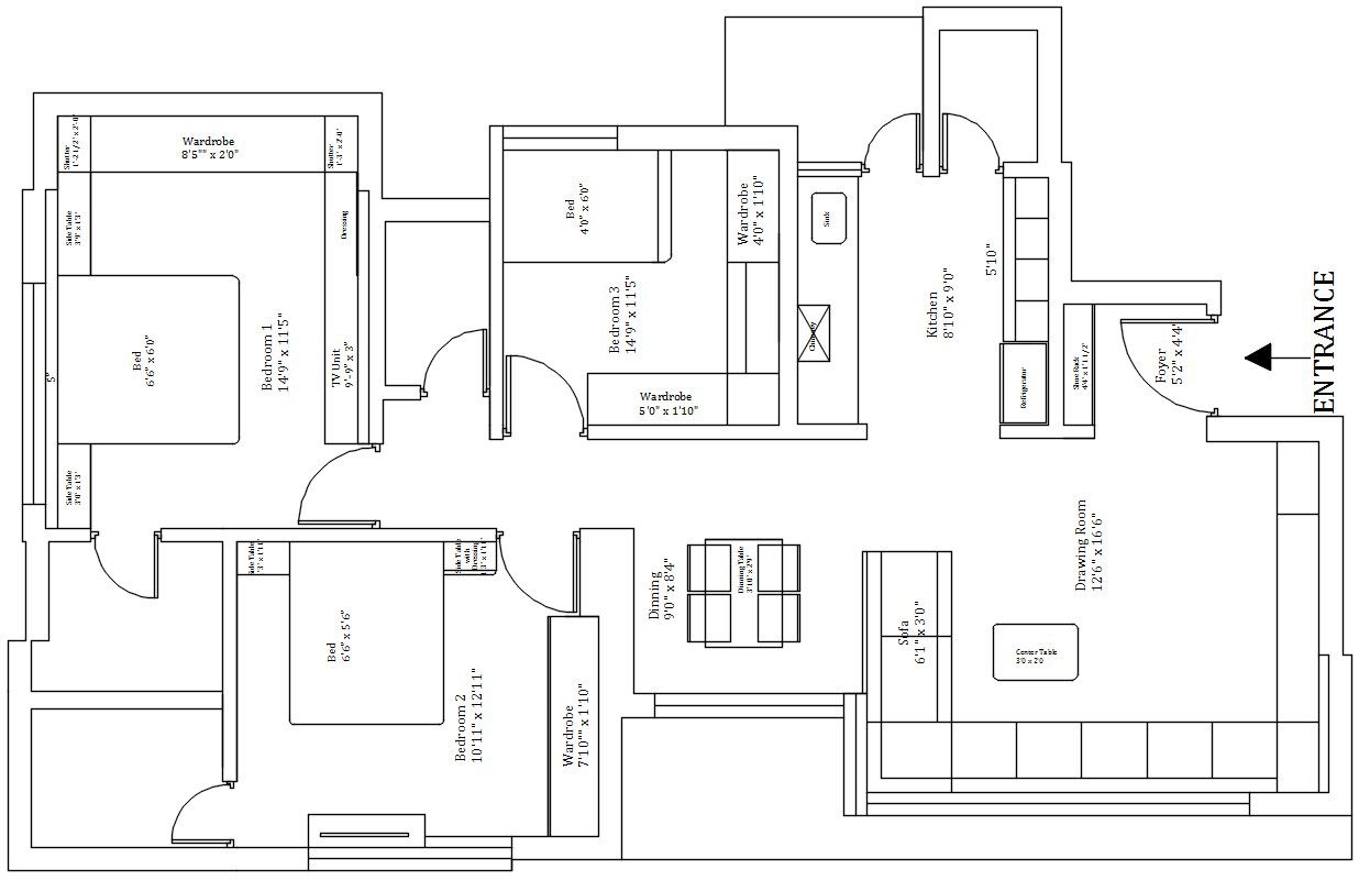 House furniture layout in AutoCAD with dimension detail