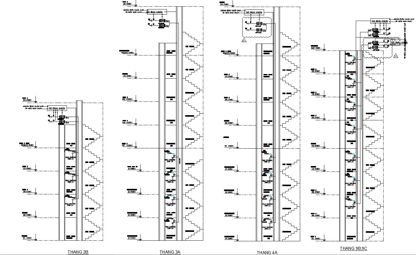 2D design of staircase cross section of different floors in detail AutoCAD drawing, CAD file, dwg file