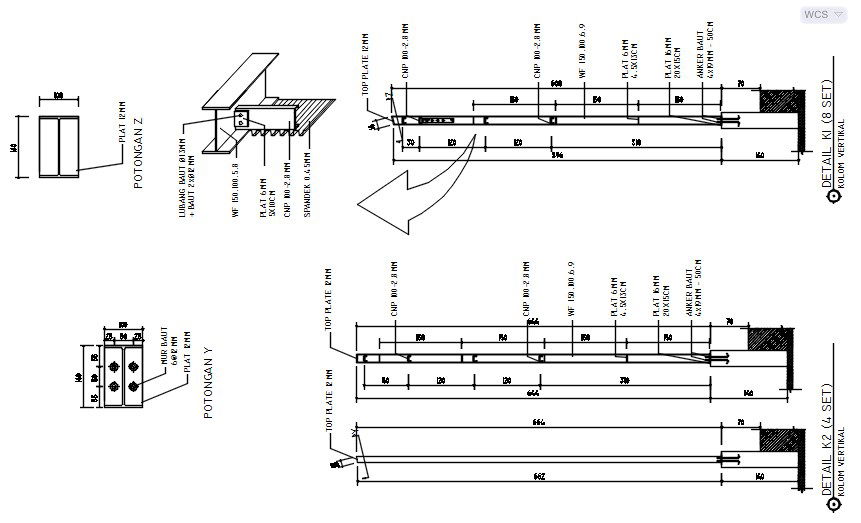2D design of the vertical column with details in AutoCAD drawing, CAD file, dwg file