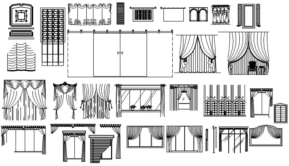 2D design of various pattern of curtains CAD blocks in AutoCAD drawing, CAD file, dwg file