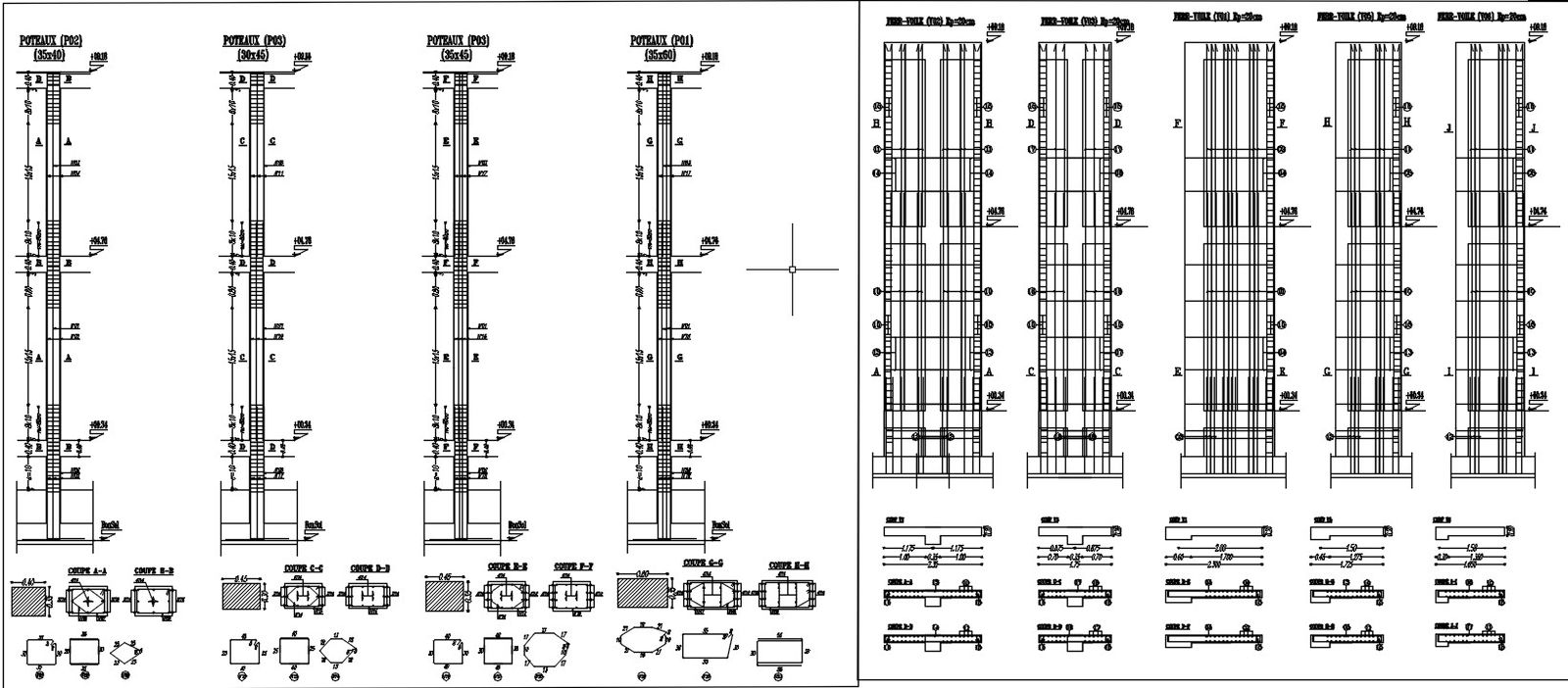 2D design of wall and pillars sections with reinforcement details in AutoCAD, CAD file, dwg file