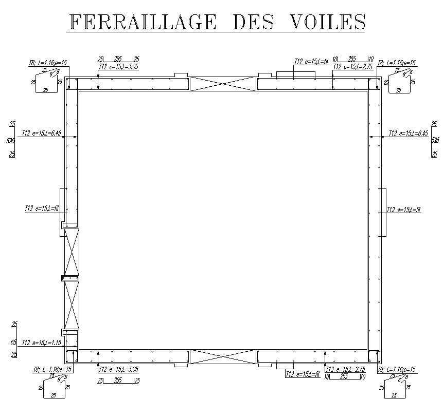 2D design of wall reinforcement details in AutoCAD drawing, CAD file, dwg file