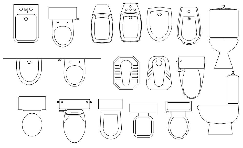 2D designs of various toilet CAD blocks in AutoCAD drawing, CAD file, dwg file