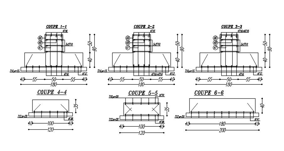 2D drawing of Cross sections of footing with reinforcement details in AutoCAD design, CAD file, dwg file