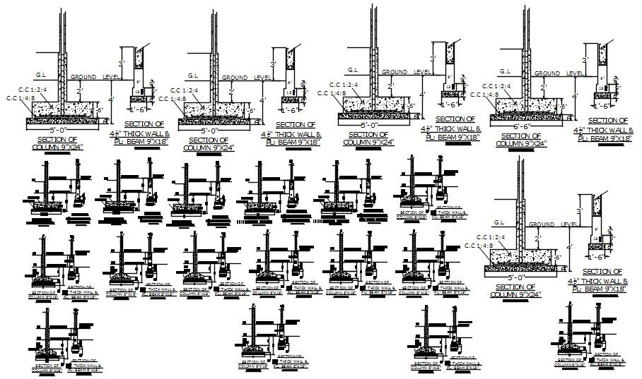 2D drawing of beam and column sections in AutoCAD, CAD file, dwg file