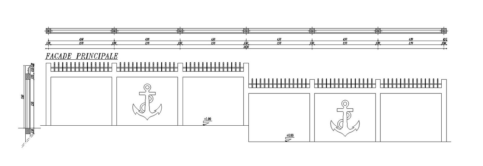 2D drawing of boundary wall section and elevation in detail AutoCAD design, CAD file, dwg file