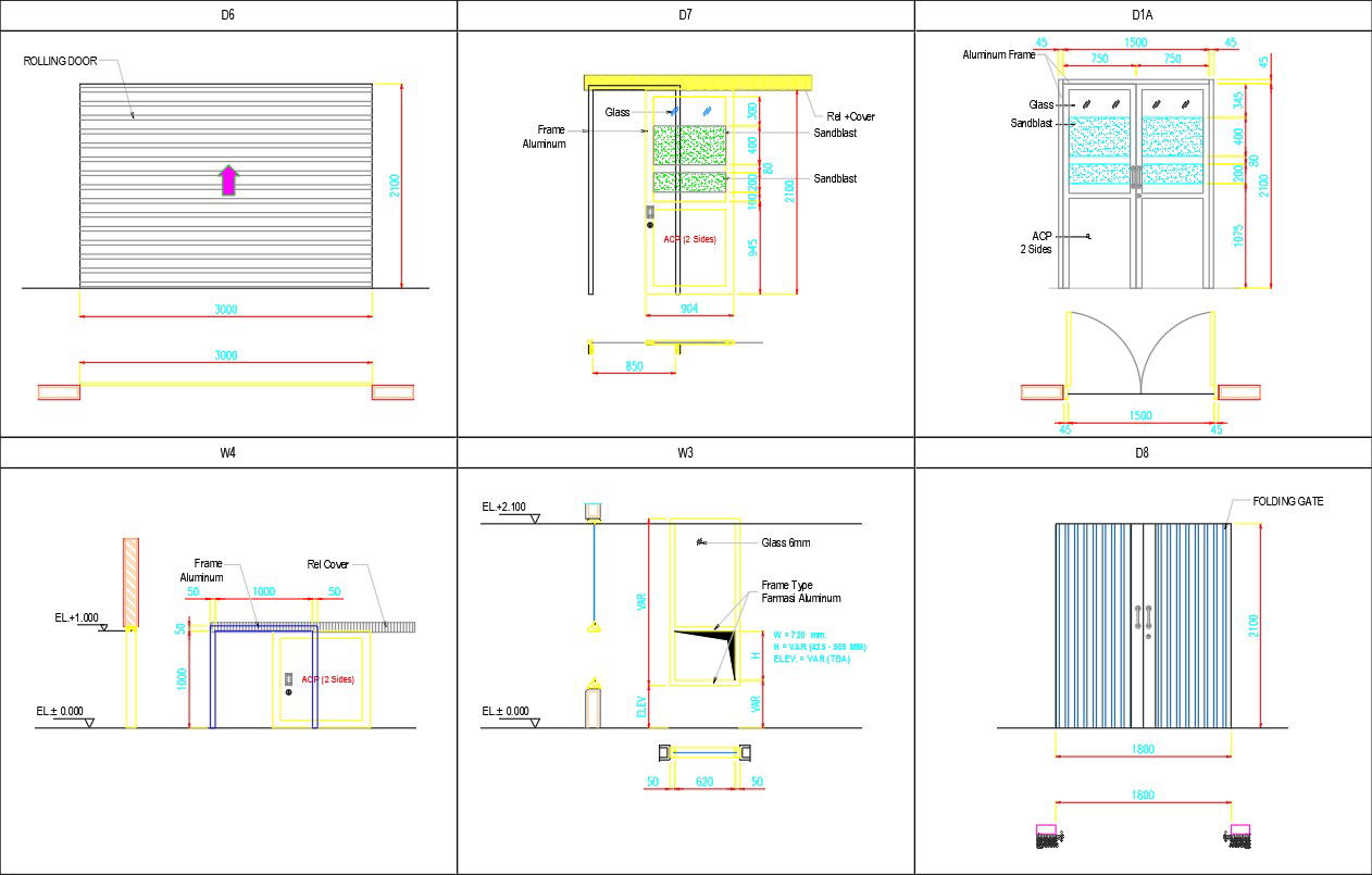 2D drawing of door section and elevation in AutoCAD design, dwg file, CAD file
