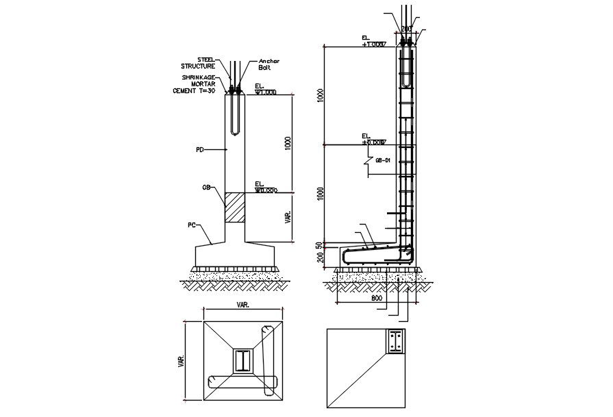 2D drawing of footing and column details in AutoCAD, dwg file, CAD file
