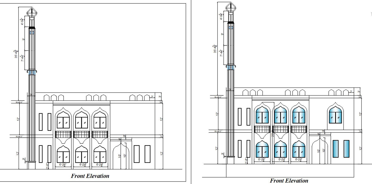 2D drawing of front elevation of the mosque in AutoCAD, CAD file, dwg file