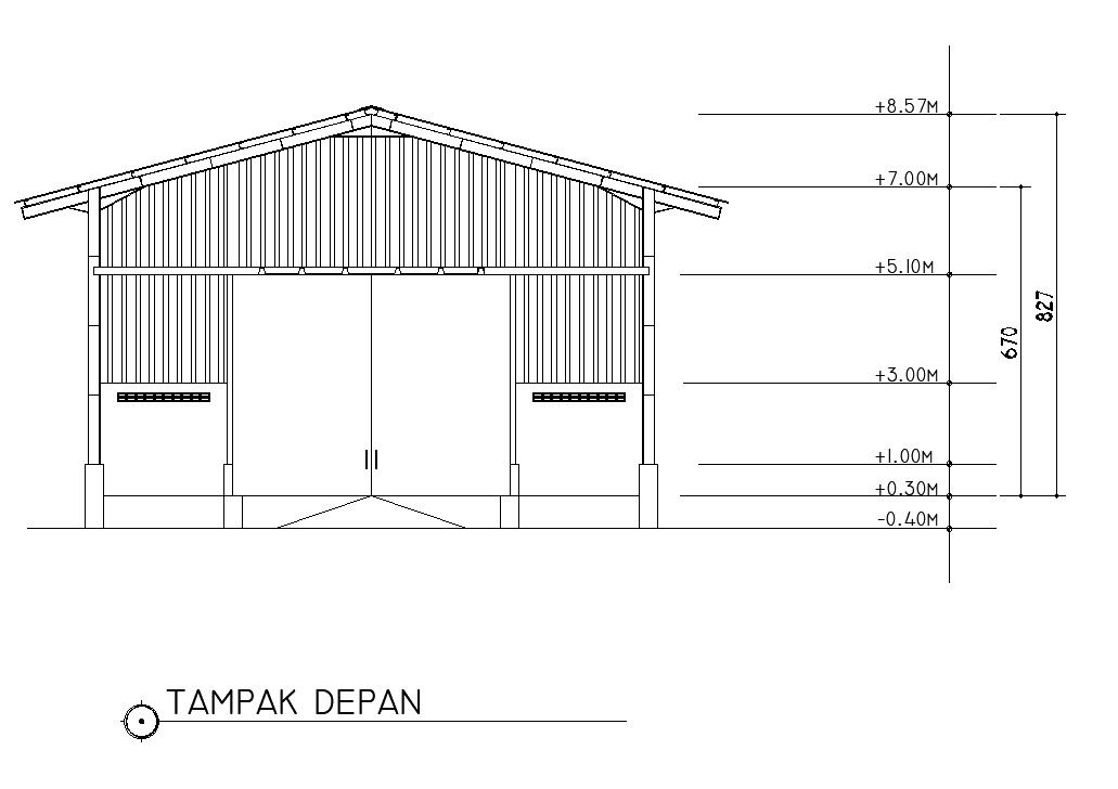 2D drawing of front view of the factory in AutoCAD design, CAD file, dwg file