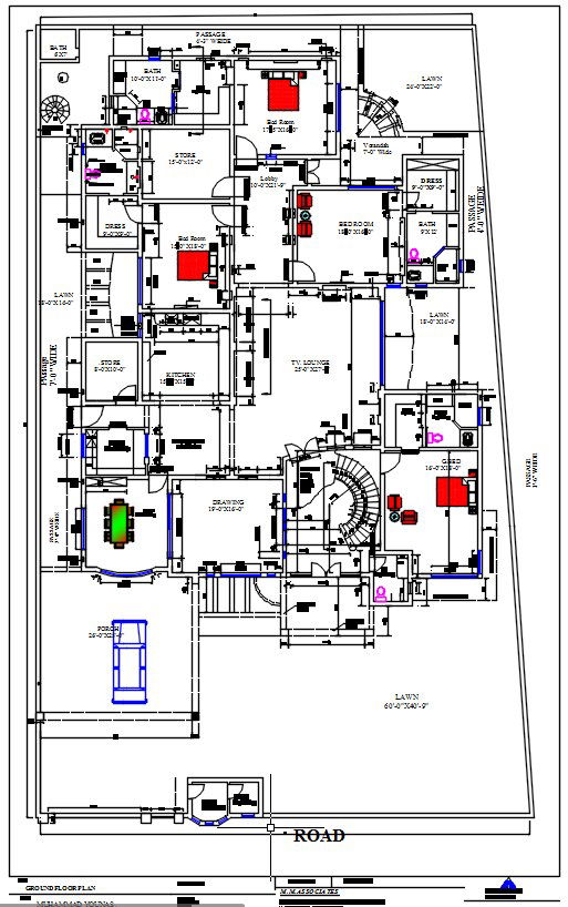 Detailed ground floor layout DWG file for house design