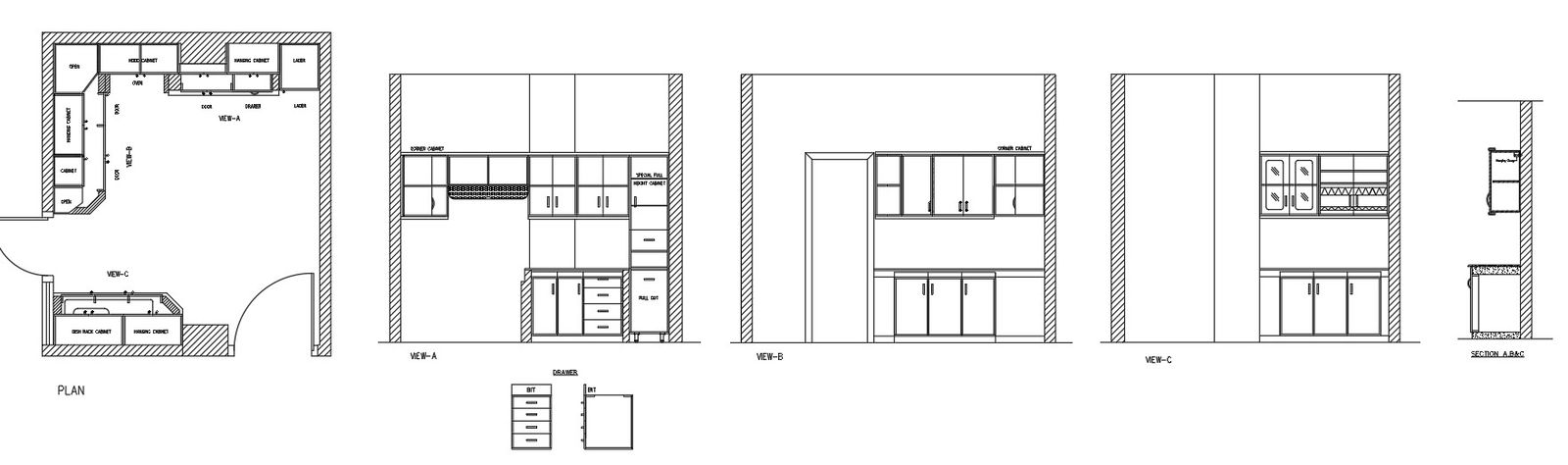 2D drawing of kitchen cabinets in AutoCAD, dwg file, CAD file
