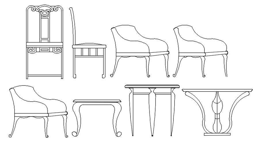 2D drawing of modern chairs and table in AutoCAD, dwg file, CAD file