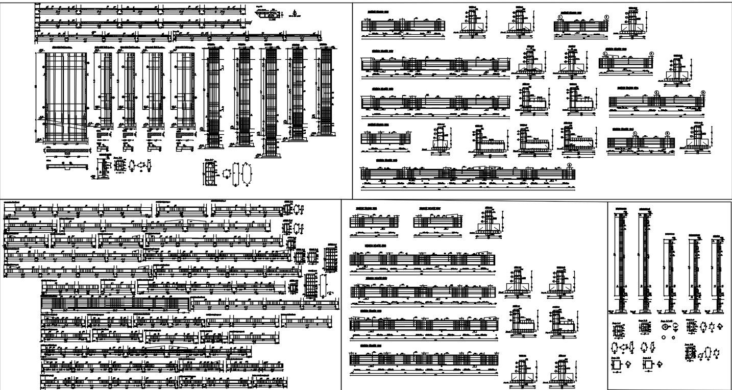 2D drawing of pillars, walls, beam, and footing design with reinforcement details in AutoCAD, CAD file, dwg file