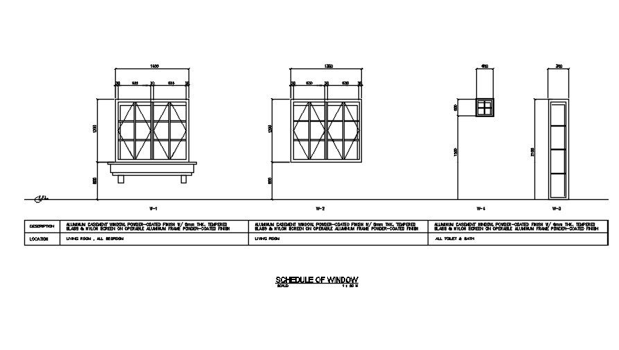 2D drawing of schedule of window in AutoCAD, dwg file, CAD file