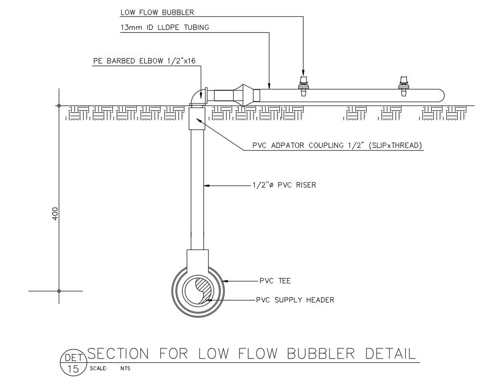 2D drawing of section for low flow bubbler in AutoCAD, CAD file, dwg file