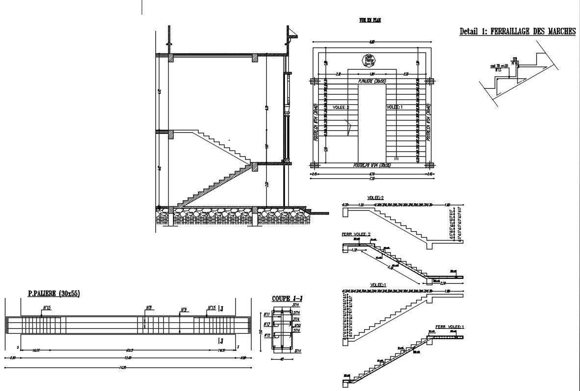 2D drawing of staircase plan and section& landing beam design in AutoCAD, CAD file, dwg file