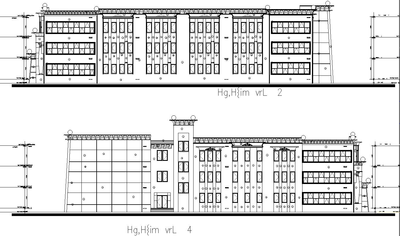 2D side elevation of college with detail AutoCAD drawing