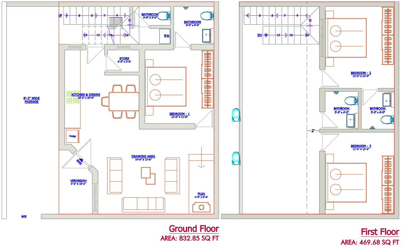 2-Storey 3-BHK House Plan with Pooja Room in AutoCAD Format