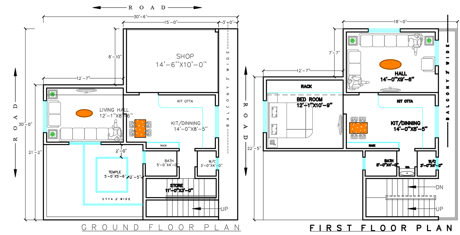 Mixed Use Two Story Plan with Balcony and Shop in DWG File