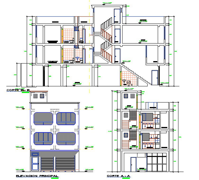2 Storey House Apartment Building Seconal Elevation Design DWG File
