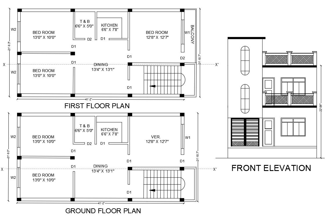 2 Storey House Floor Plan With Front Elevation Drawing DWG File
