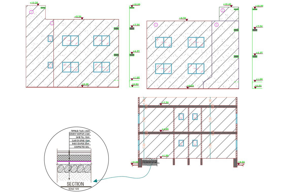 2 Storey House Sectional Elevation Design DWG File