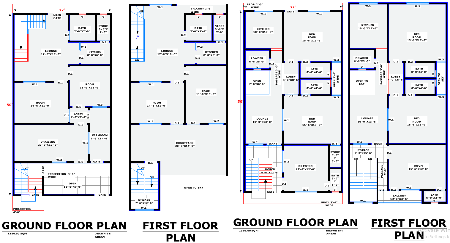 Two Unique 27×50 House Layouts plan in AutoCAD Drawing Format