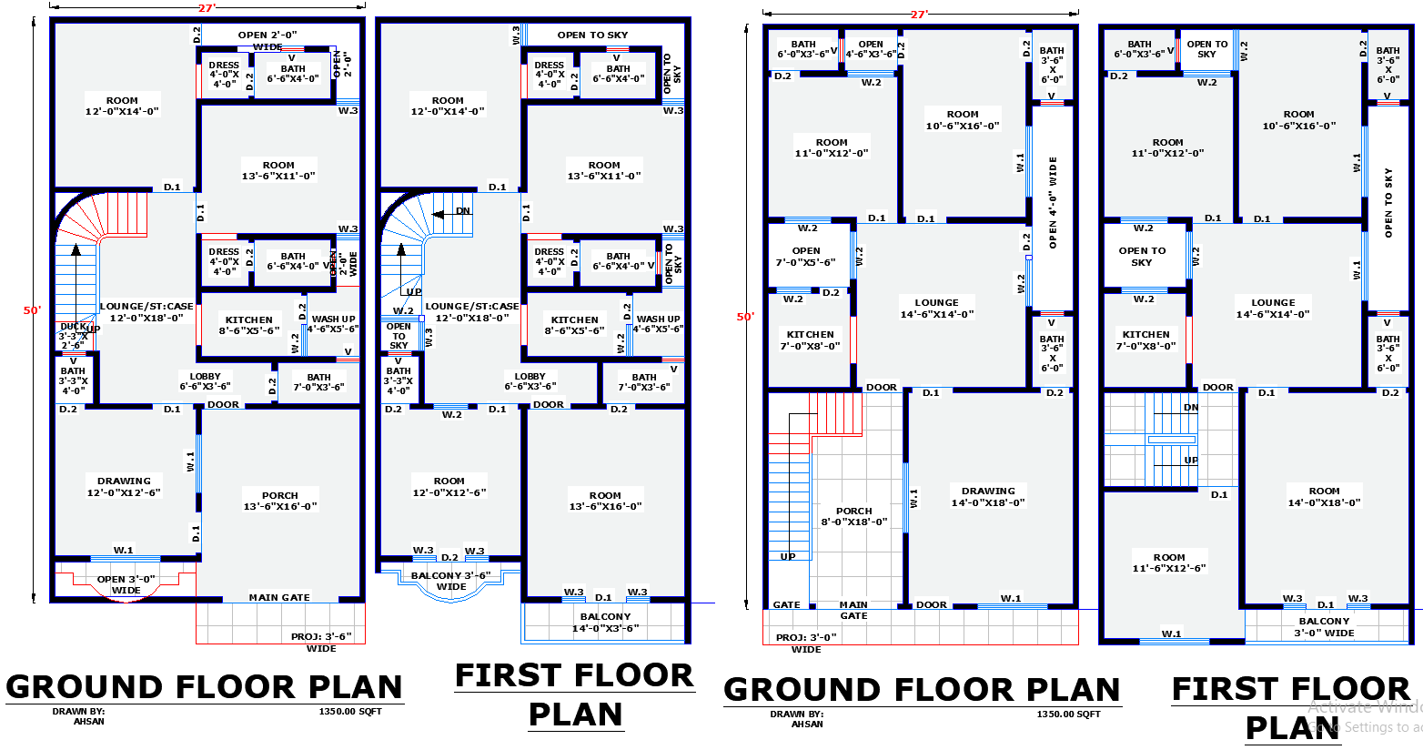 Two 27x50 Residential House Plans with Complete CAD File Details
