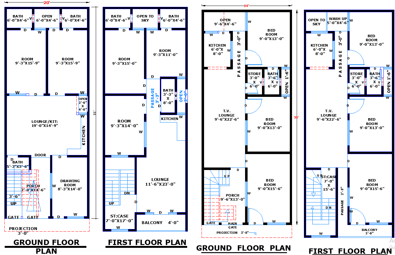 20x50 Two-Story Residential House Plan in AutoCAD DWG Format