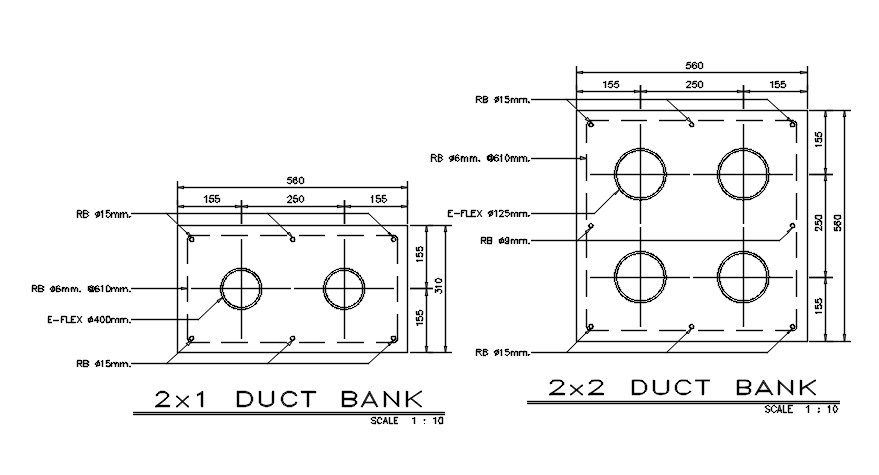 2X1 and 2X2 Duct Bank typical section details are provided in this 2D CAD DWG drawing. Download the AutoCAD 2D DWG file.