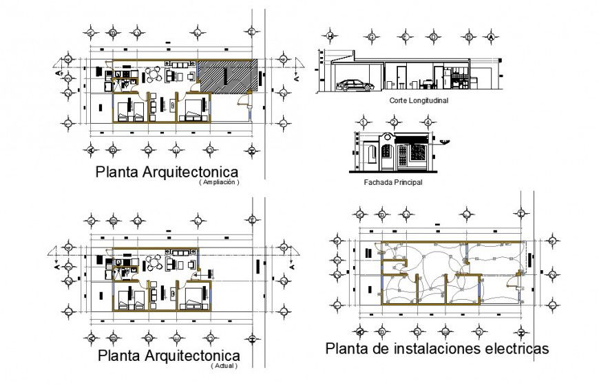 2 bhk house detail elevation, plan and section of house layout autocad file