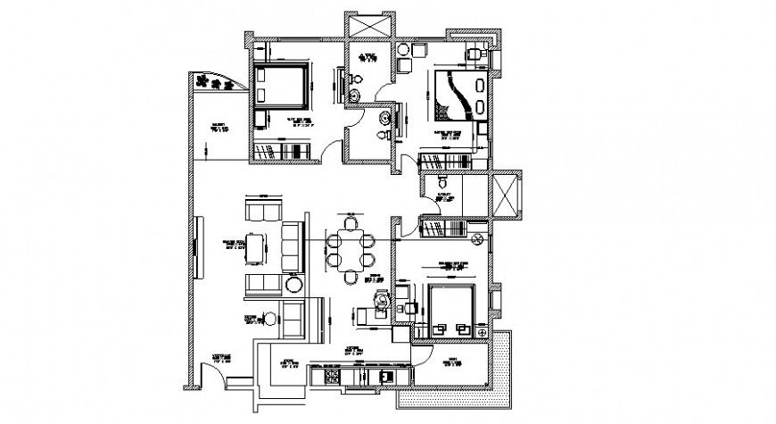 2 BHK one family house architecture layout plan with furniture cad drawing details dwg file
