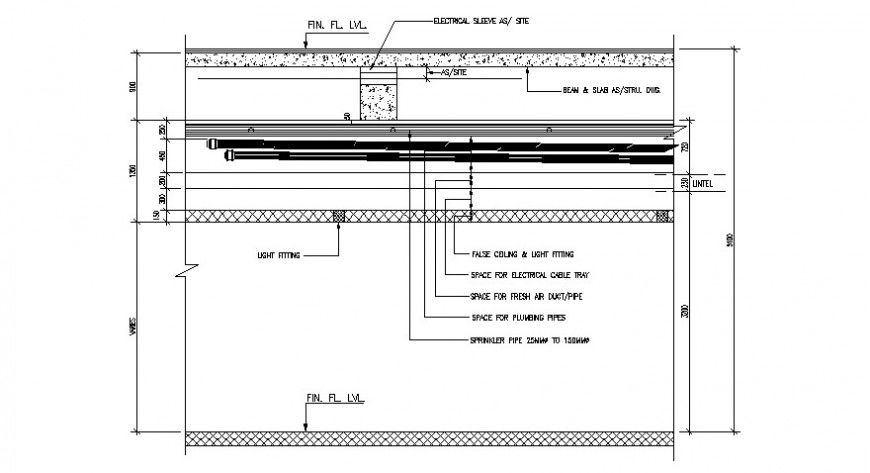 2 d cad drawing of a typical section of services above false ceiling Auto Cad software