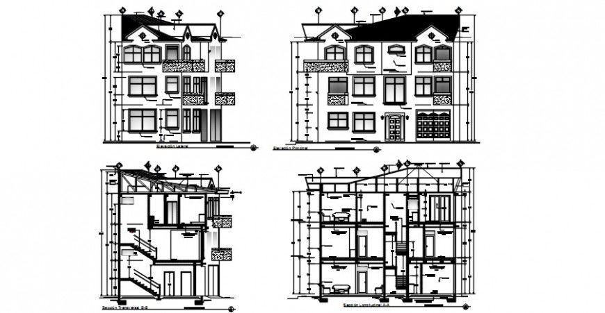 2 d cad drawing of Apartment three levels section auto cad software
