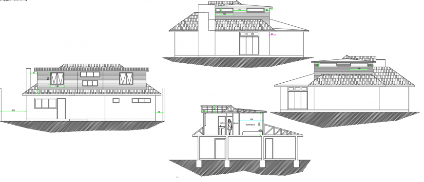 2 d cad drawing of elevation of detached house auto cad software