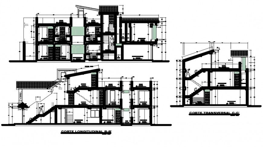 2 d cad drawing of family housing elevation between walls auto cad software